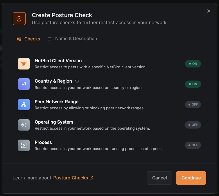 NetBird Create Posture Check