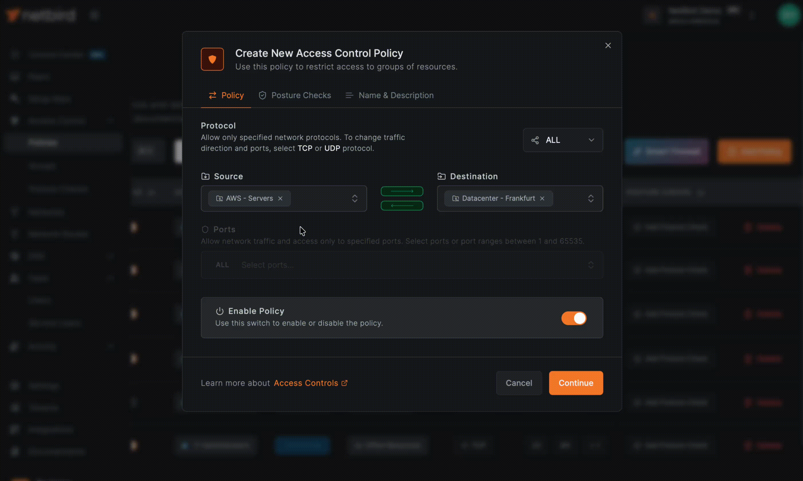 Policy directionality showing unidirectional and bidirectional traffic