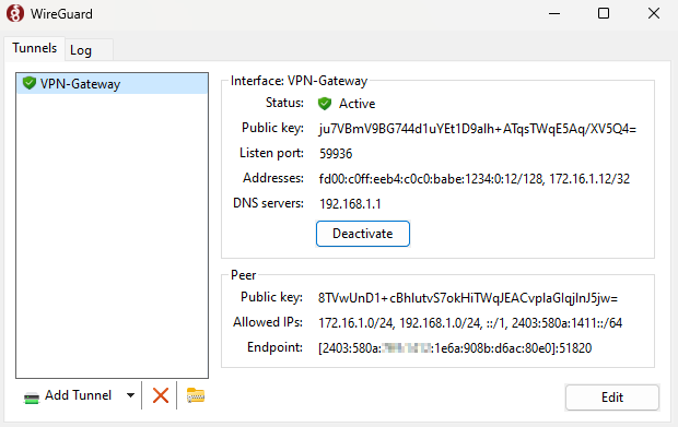 A WireGuard VPN client connected to a VPN gateway
