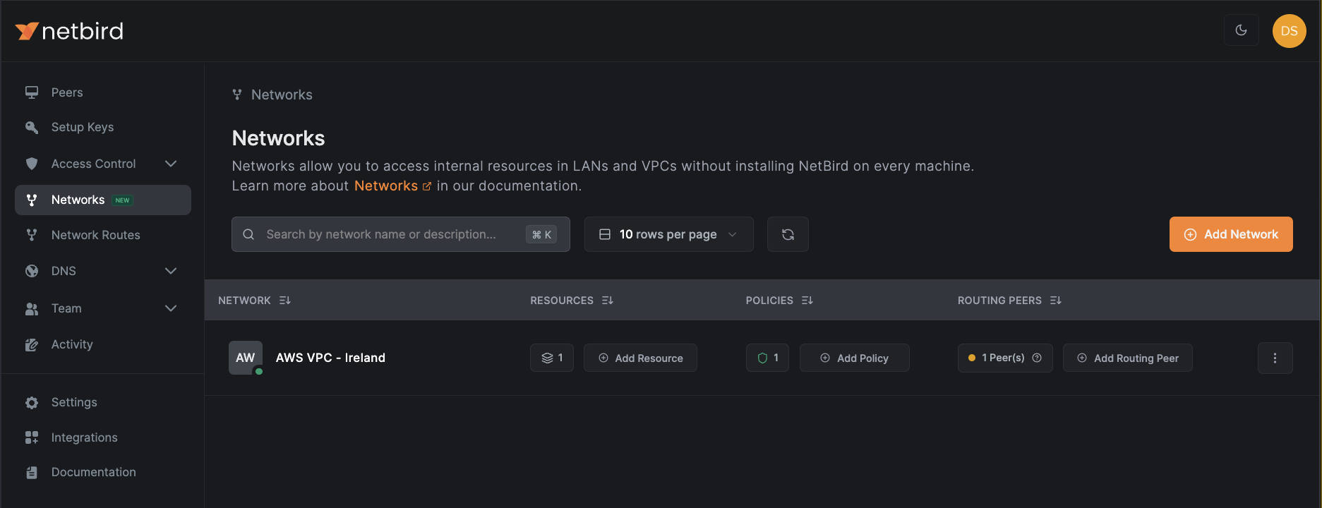 NetBird's Networks Dashboard