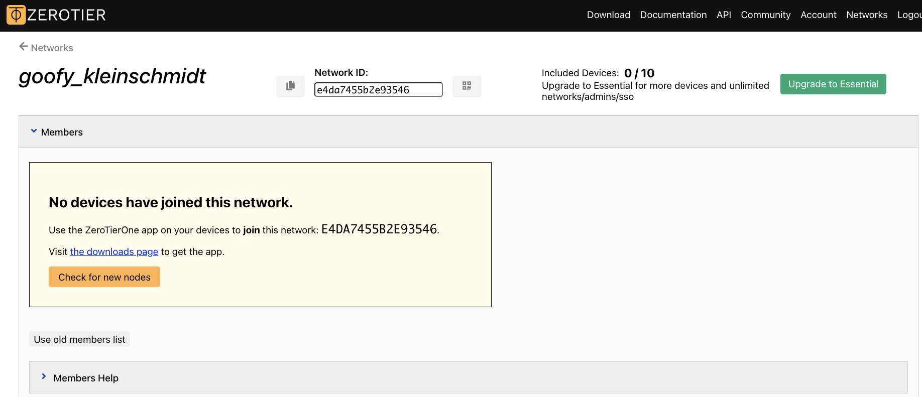 ZeroTier Main Screen