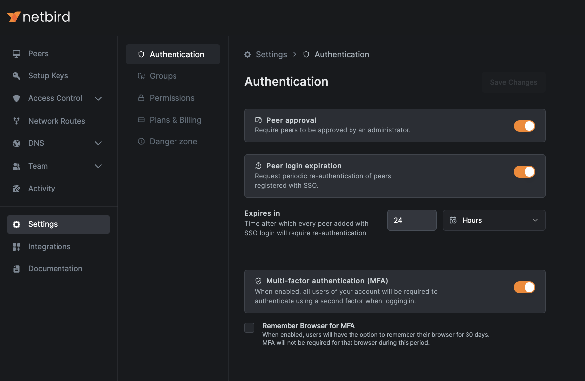 NetBird Settings Enabling MFA