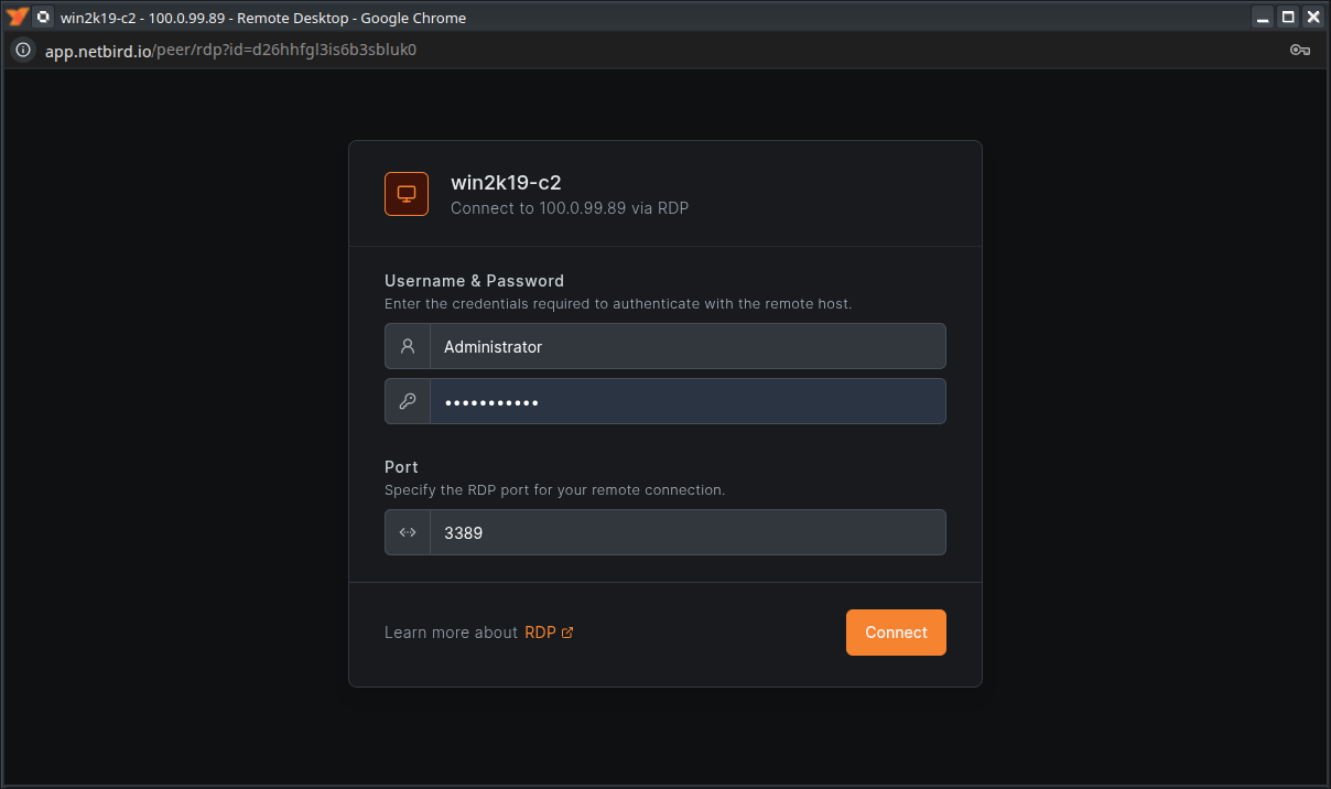 Starting an RDP session from the NetBird Browser Client