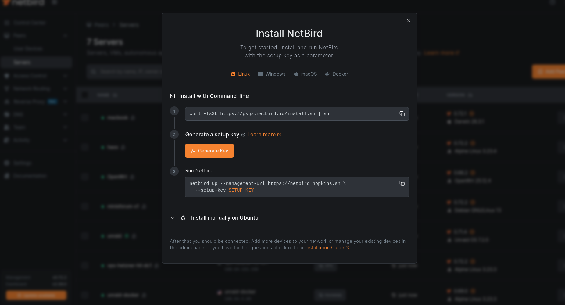 The server install flow with the inline Generate Key step feeding the setup key into the run command