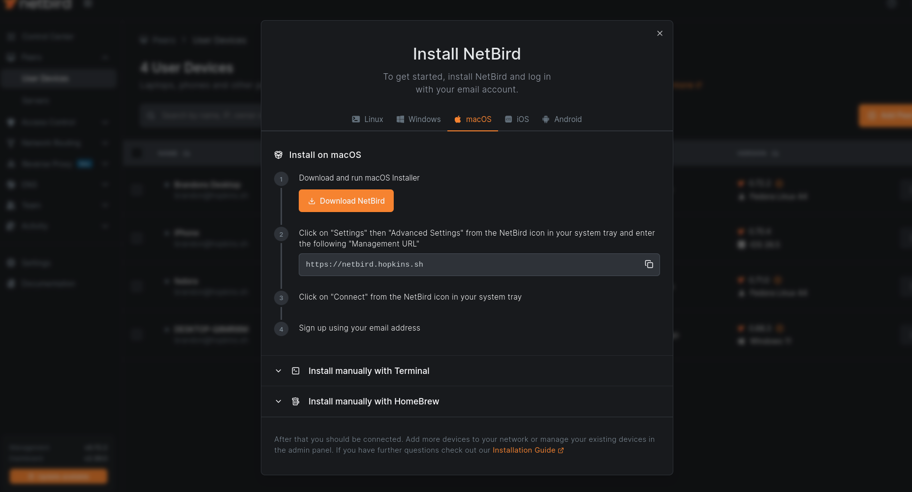 The install modal from User Devices, with desktop and mobile platforms and no Docker tab