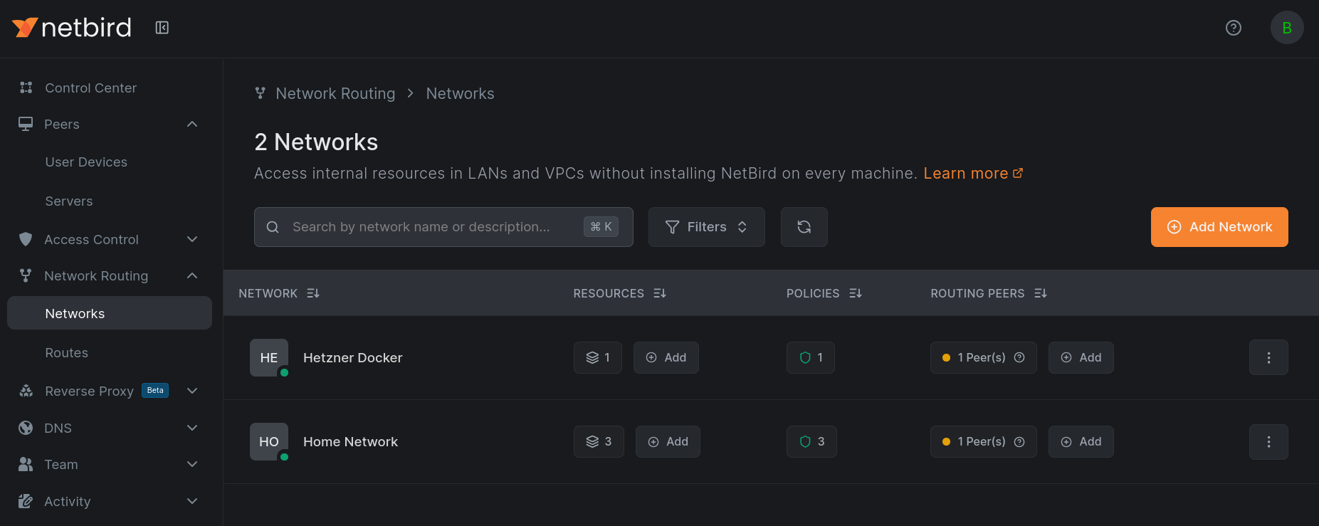 The Networks page with Networks and Routes grouped under Network Routing in the sidebar