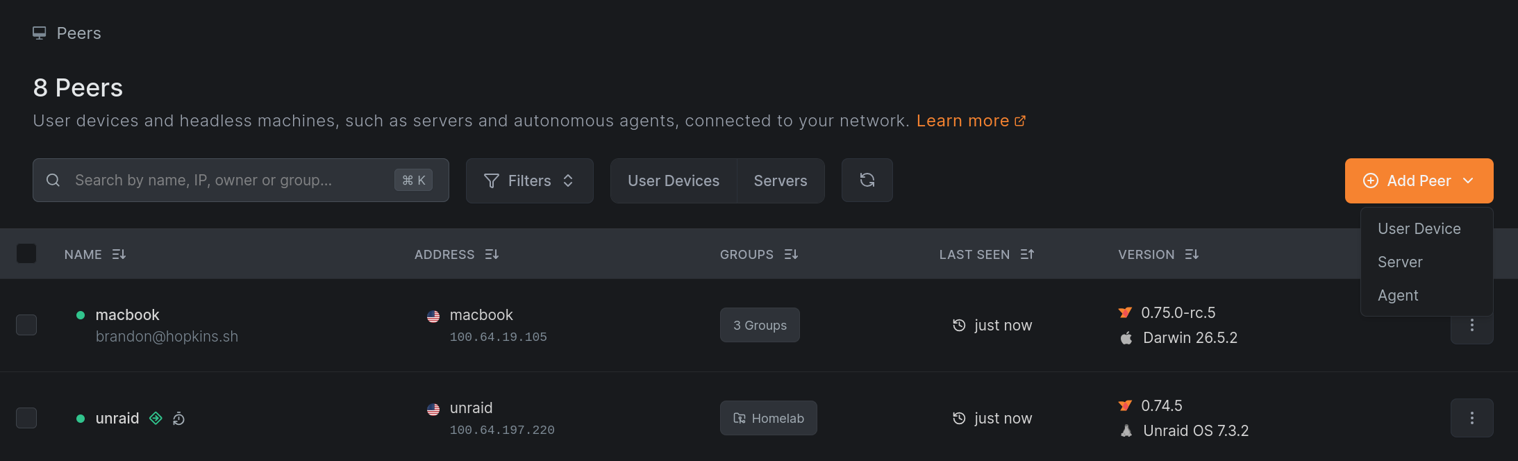 The combined Peers page with User Devices and Servers quick-filter buttons