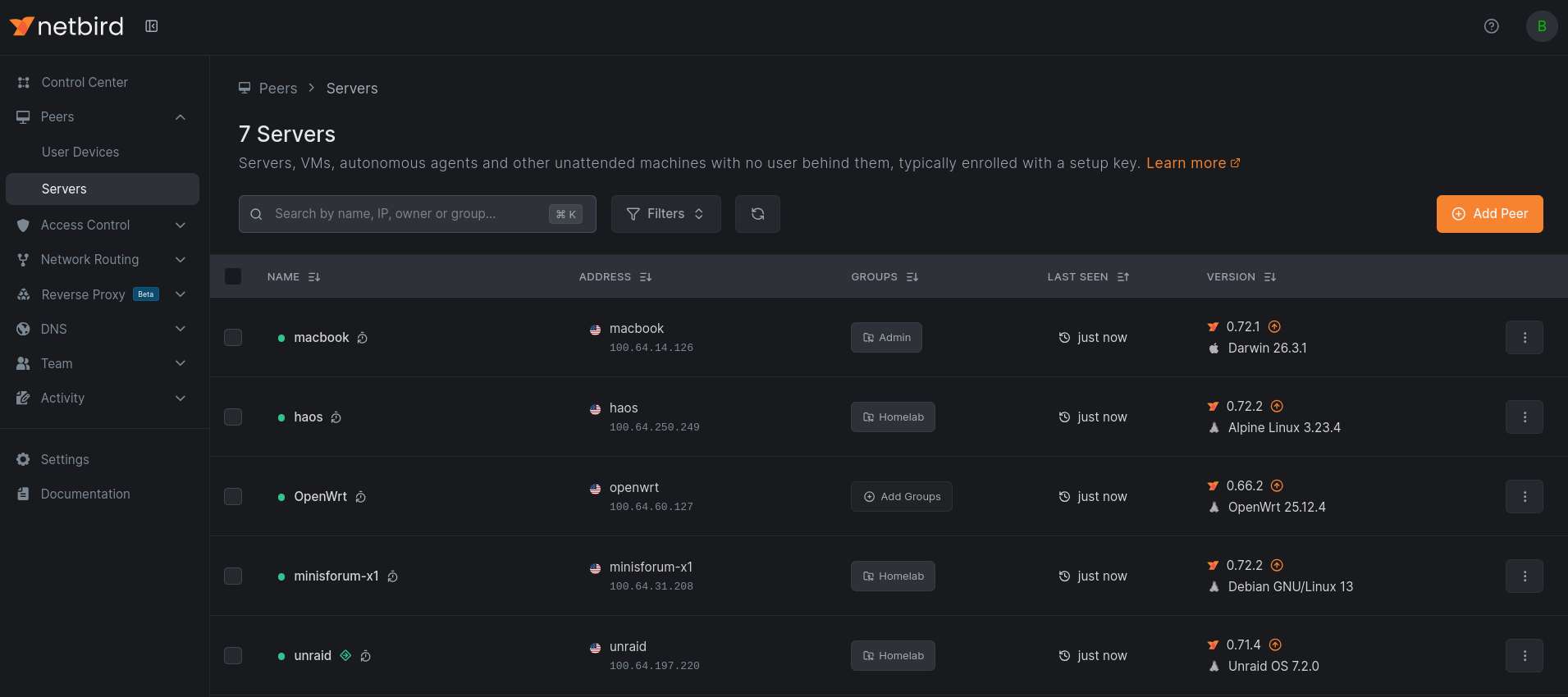 The new Servers view, with peers split into User Devices and Servers