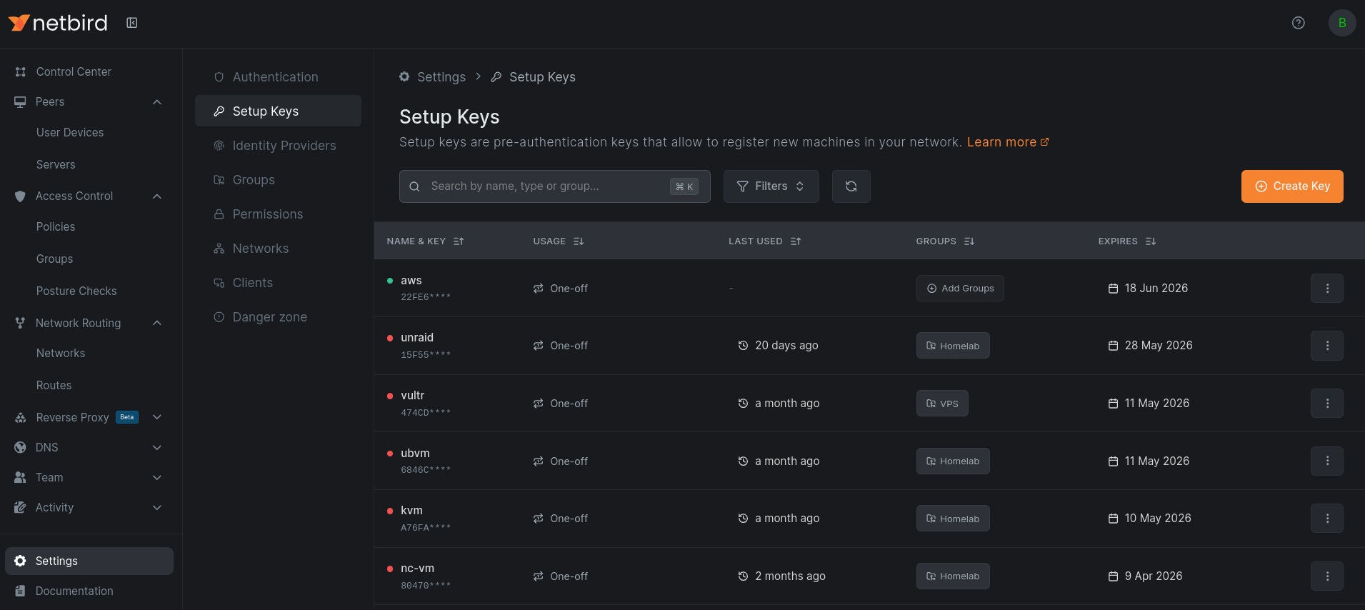Setup Keys as a dedicated tab on the Settings page