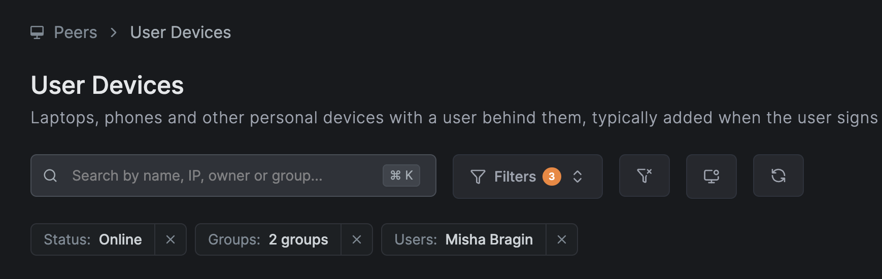 Active filter chips above the User Devices table