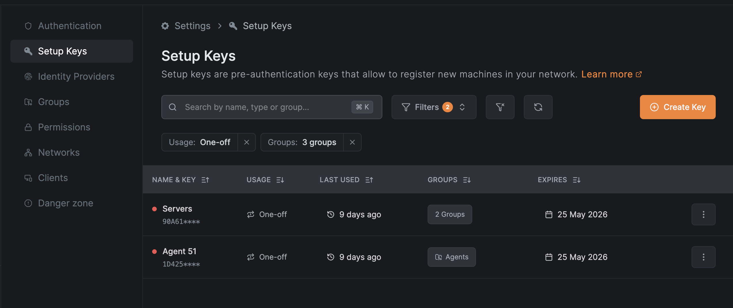The Setup Keys table with the new compact layout and filter chips