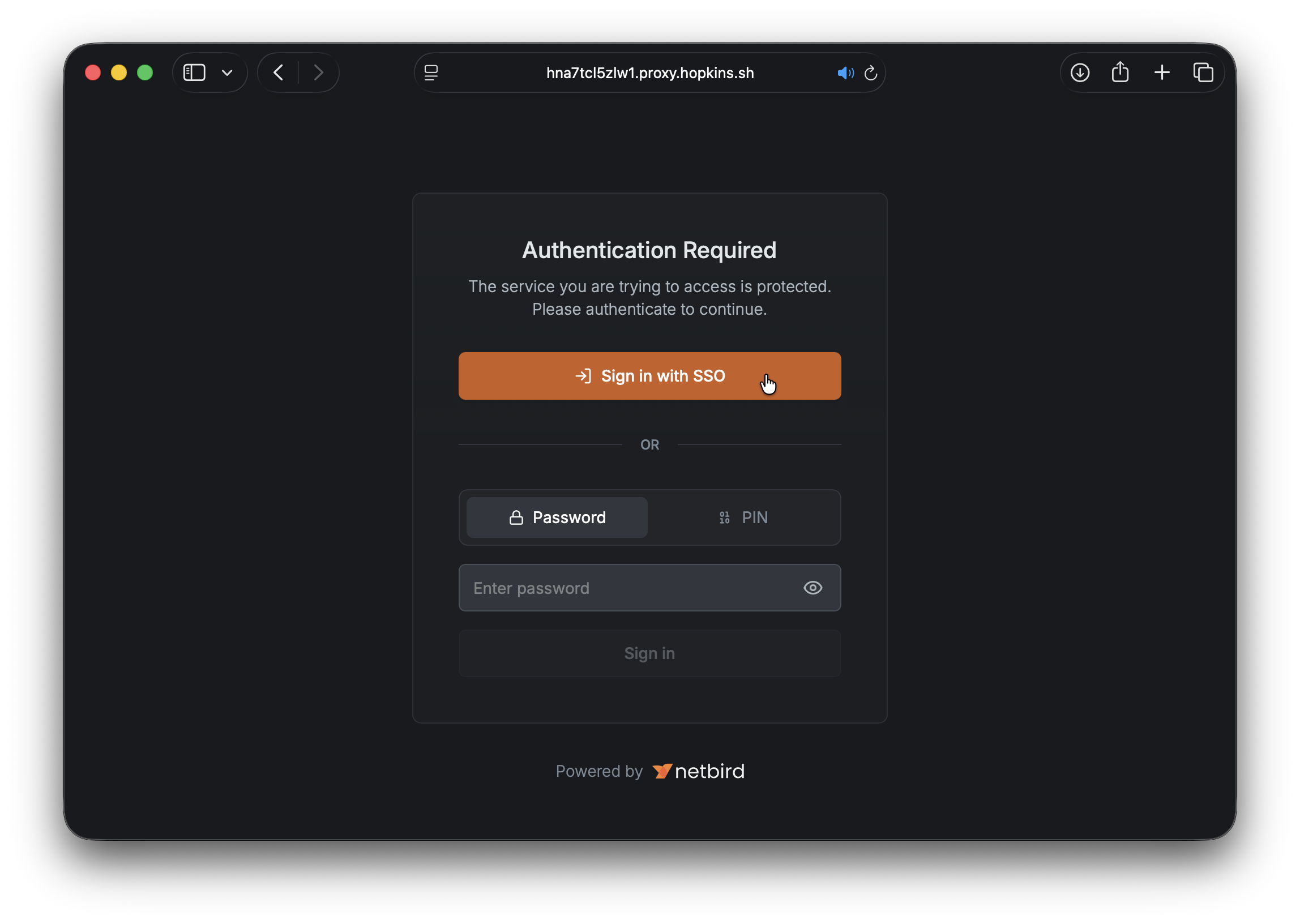 Authentication selection with PIN, password, and SSO options