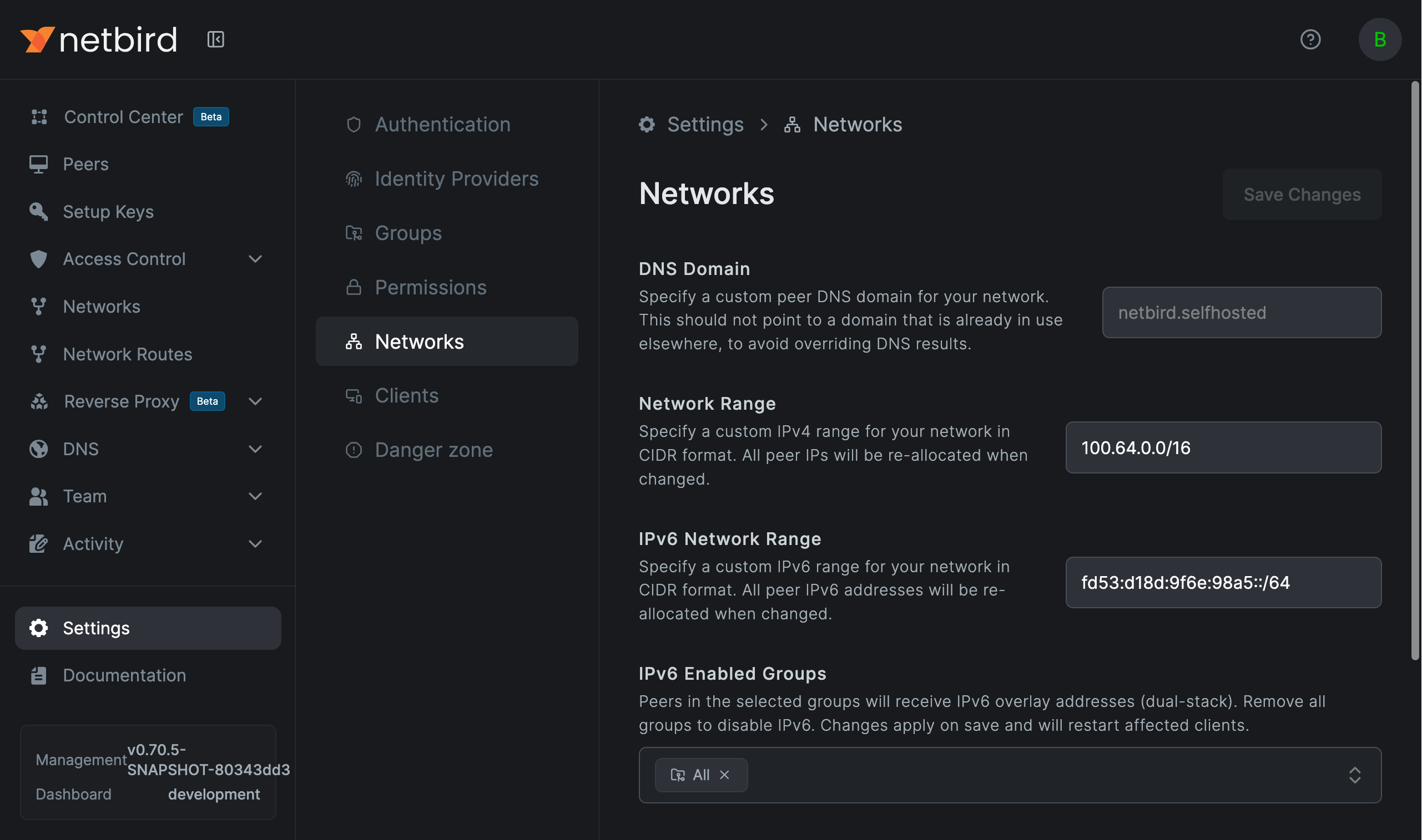 IPv6 network settings in the dashboard