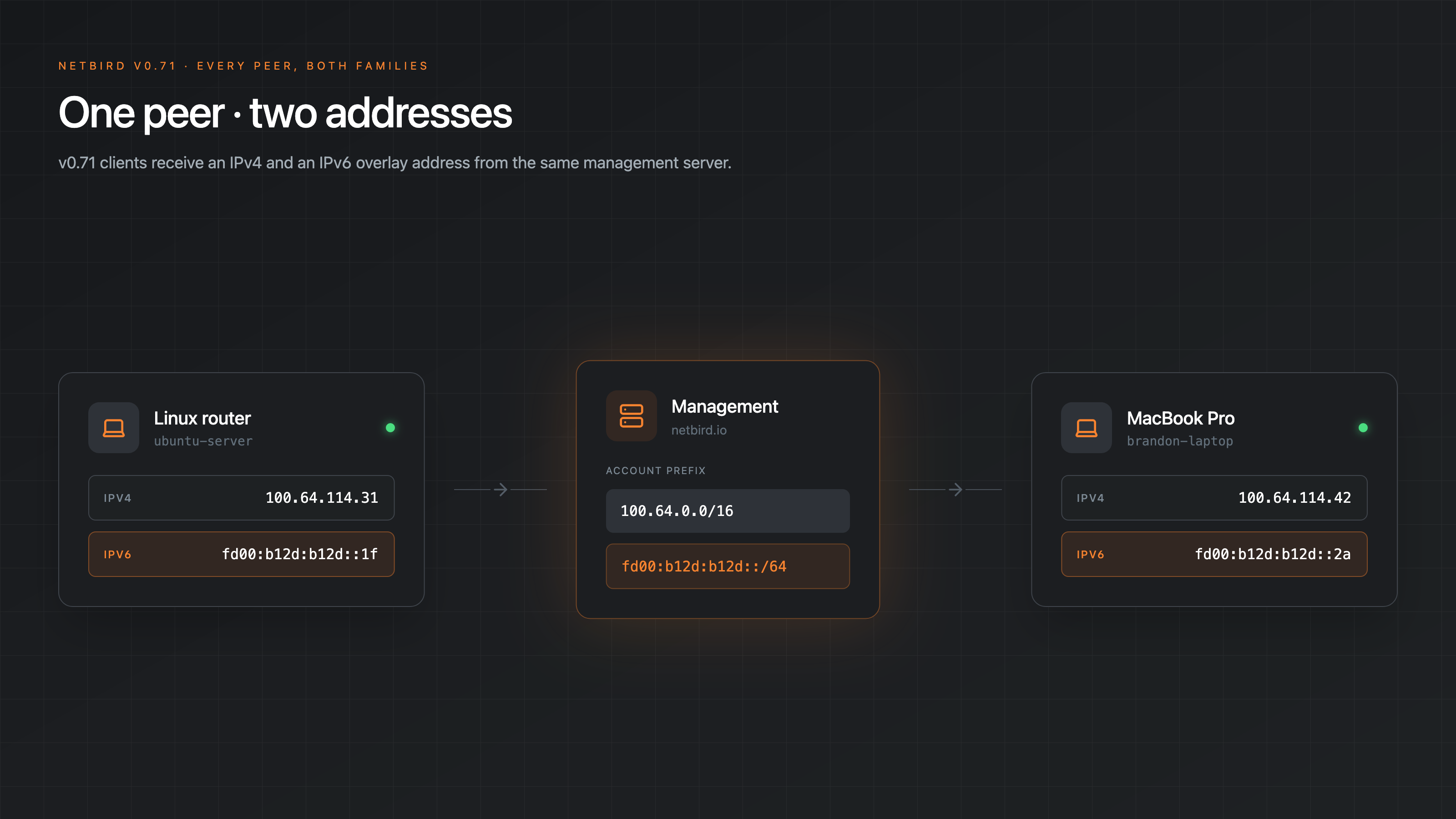 One peer receiving both an IPv4 and an IPv6 overlay address