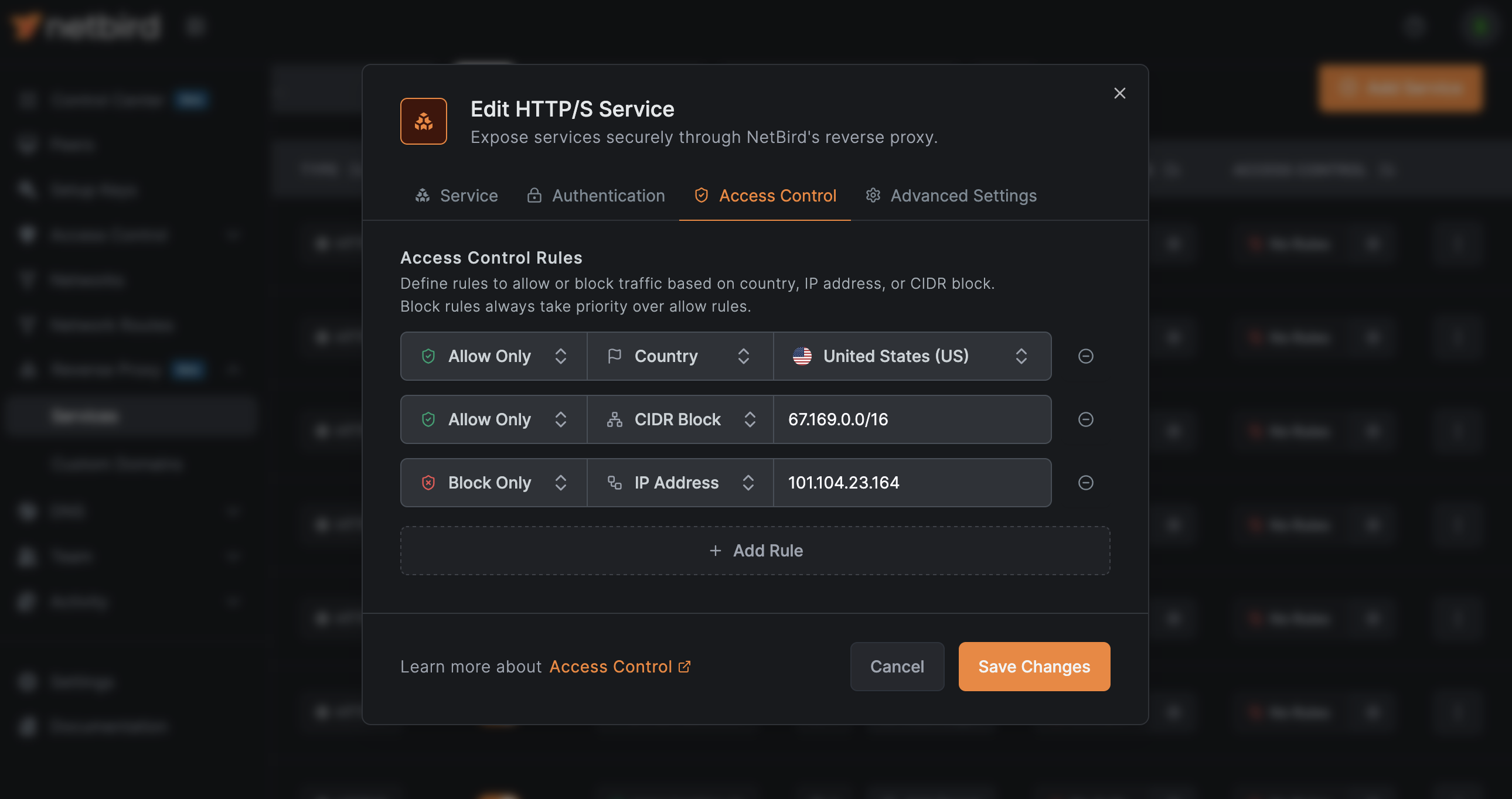 Access control rules with country and IP restrictions