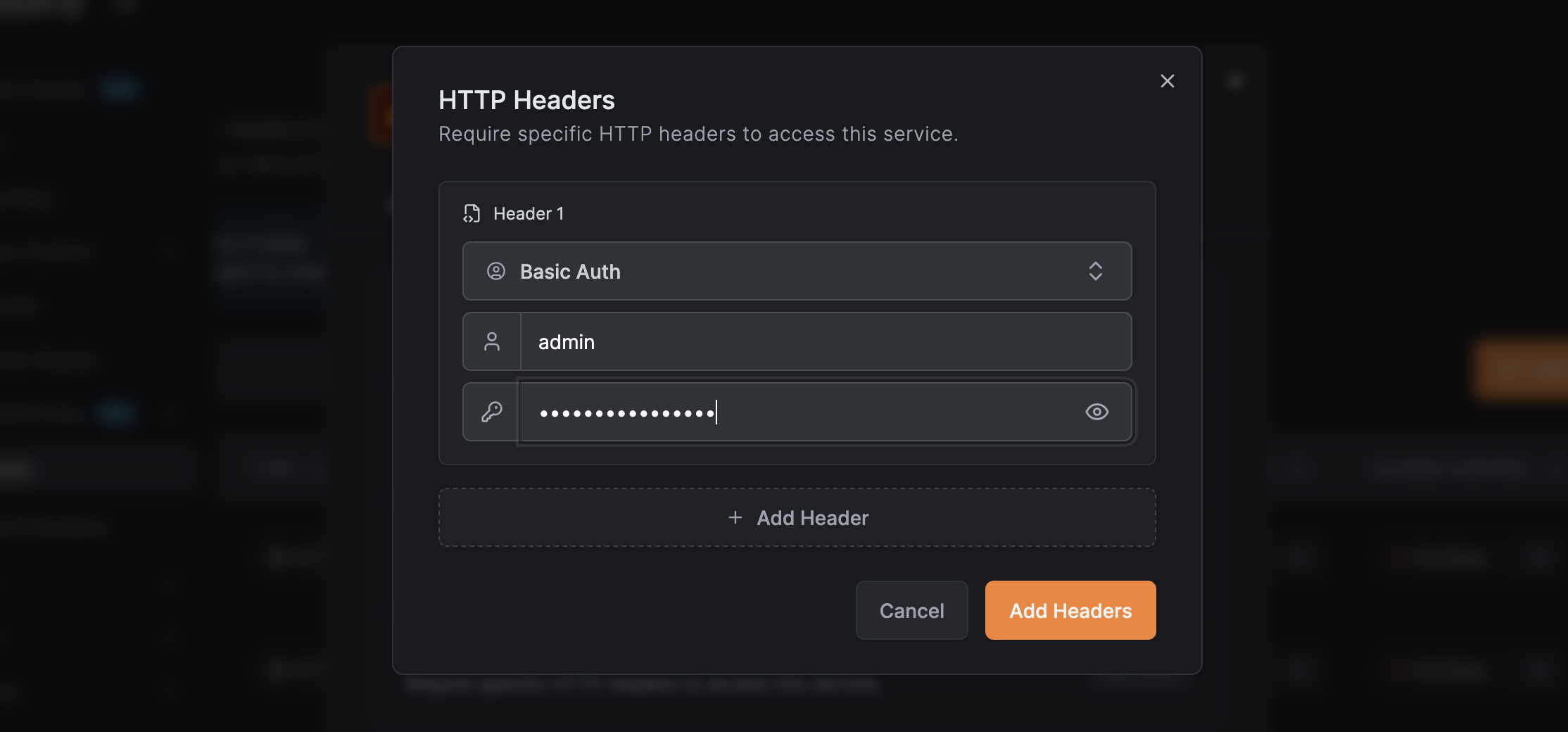 Header authentication configuration in the dashboard