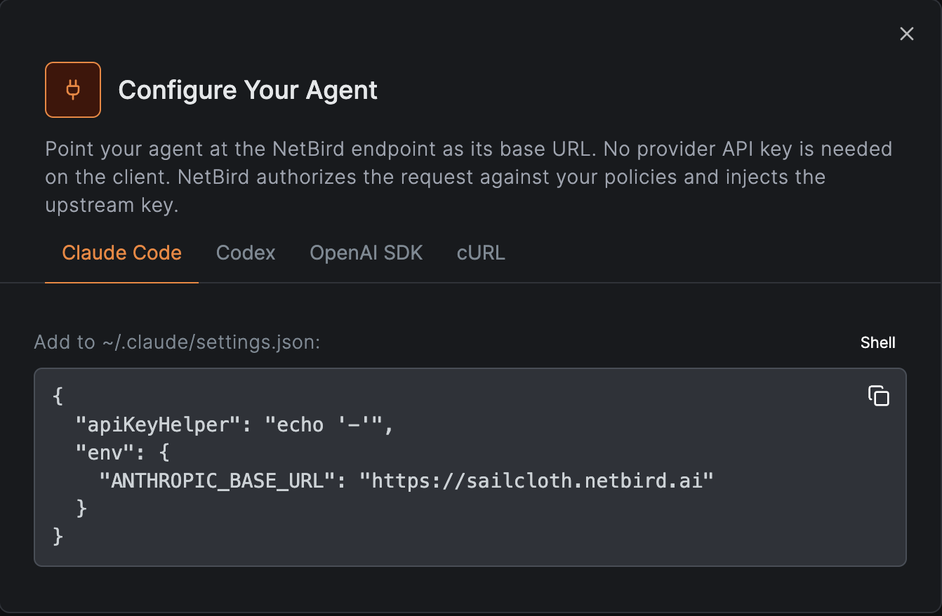 The Agent Config modal: copy-paste setup for Claude Code, Codex, the OpenAI SDK, and cURL, with no API key in sight
