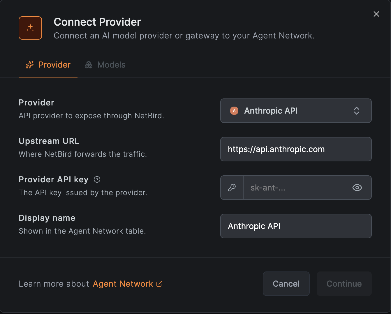 Connecting a provider in the Agent Network dashboard