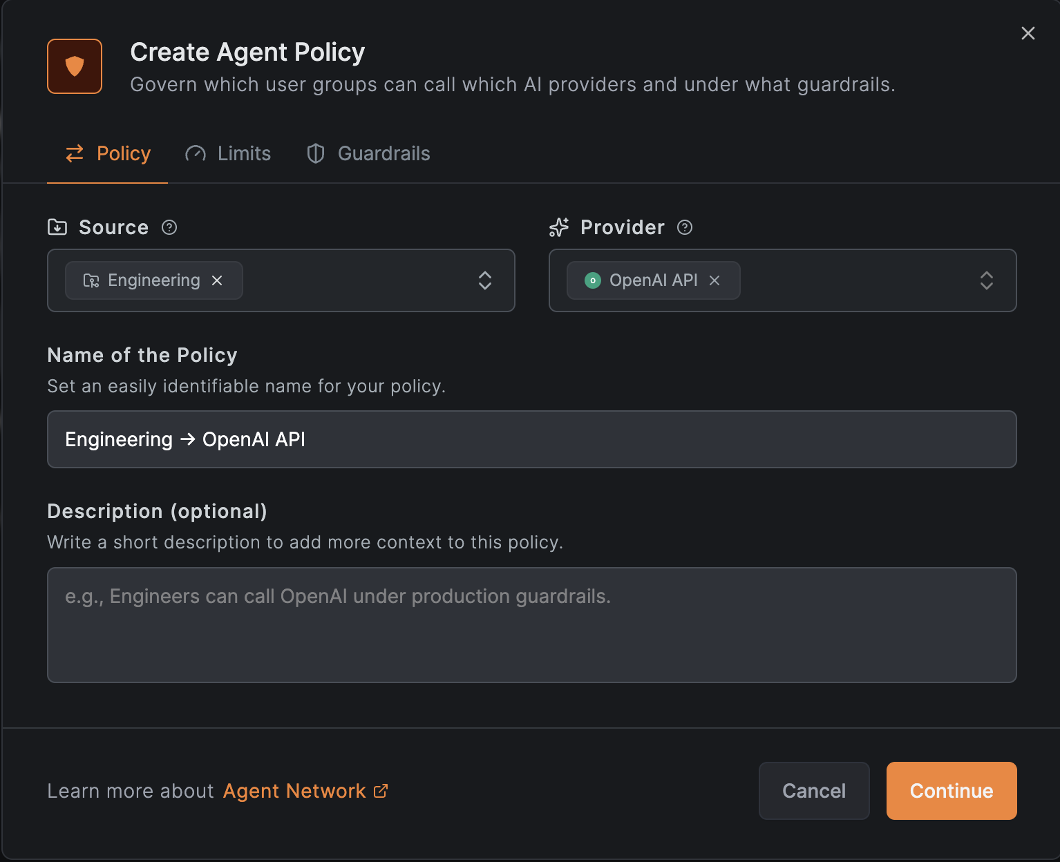 Creating a policy that connects a source group to a provider