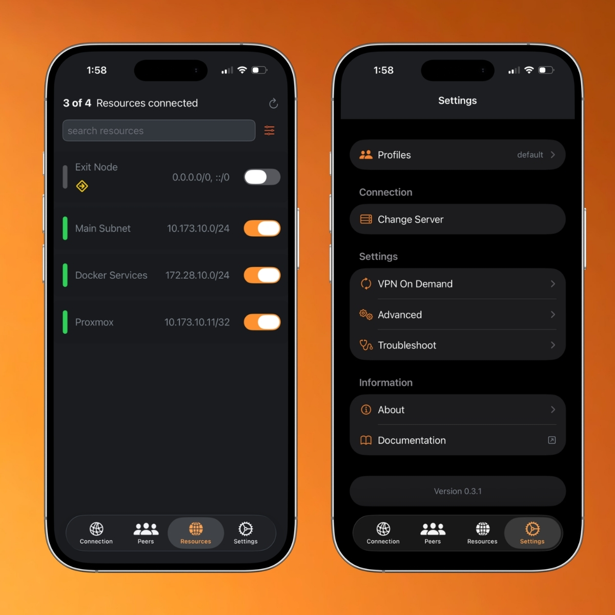 NetBird iOS resources and settings screens
