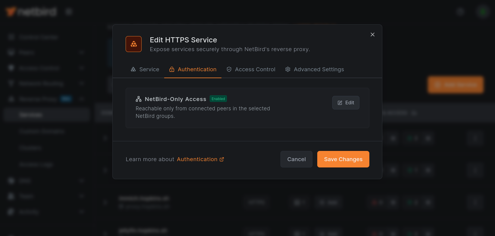 Authentication tab with NetBird-Only Access enabled, replacing the operator auth methods