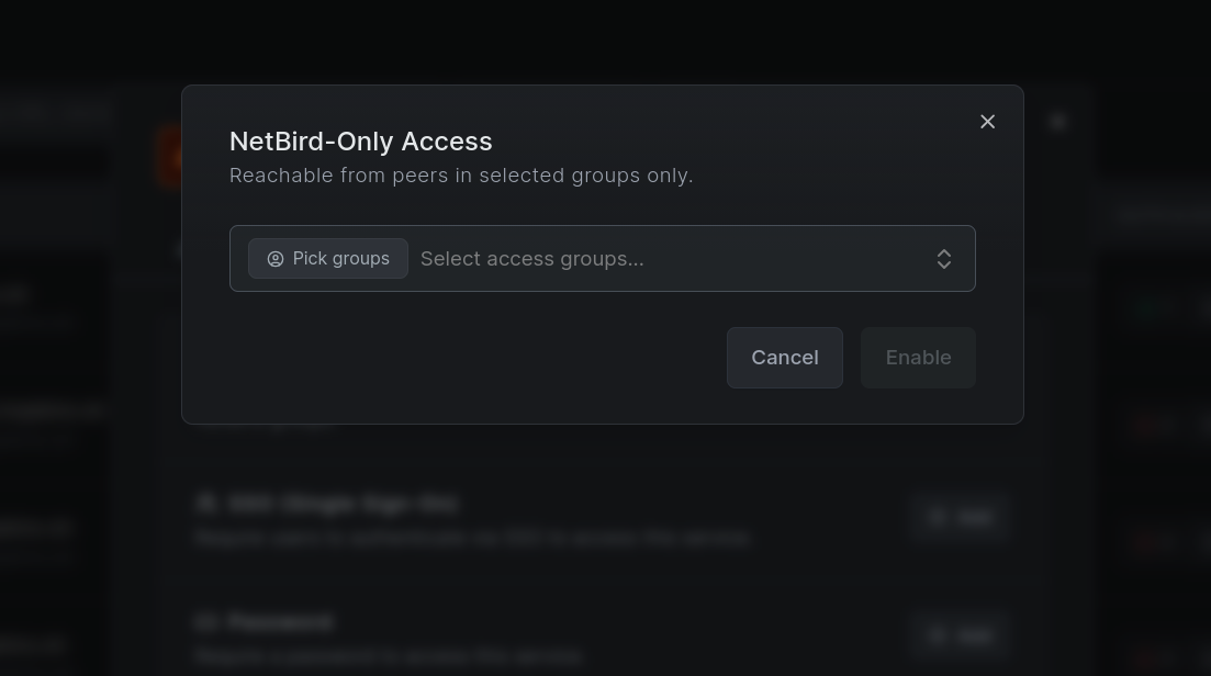 NetBird-Only Access modal with access group selection
