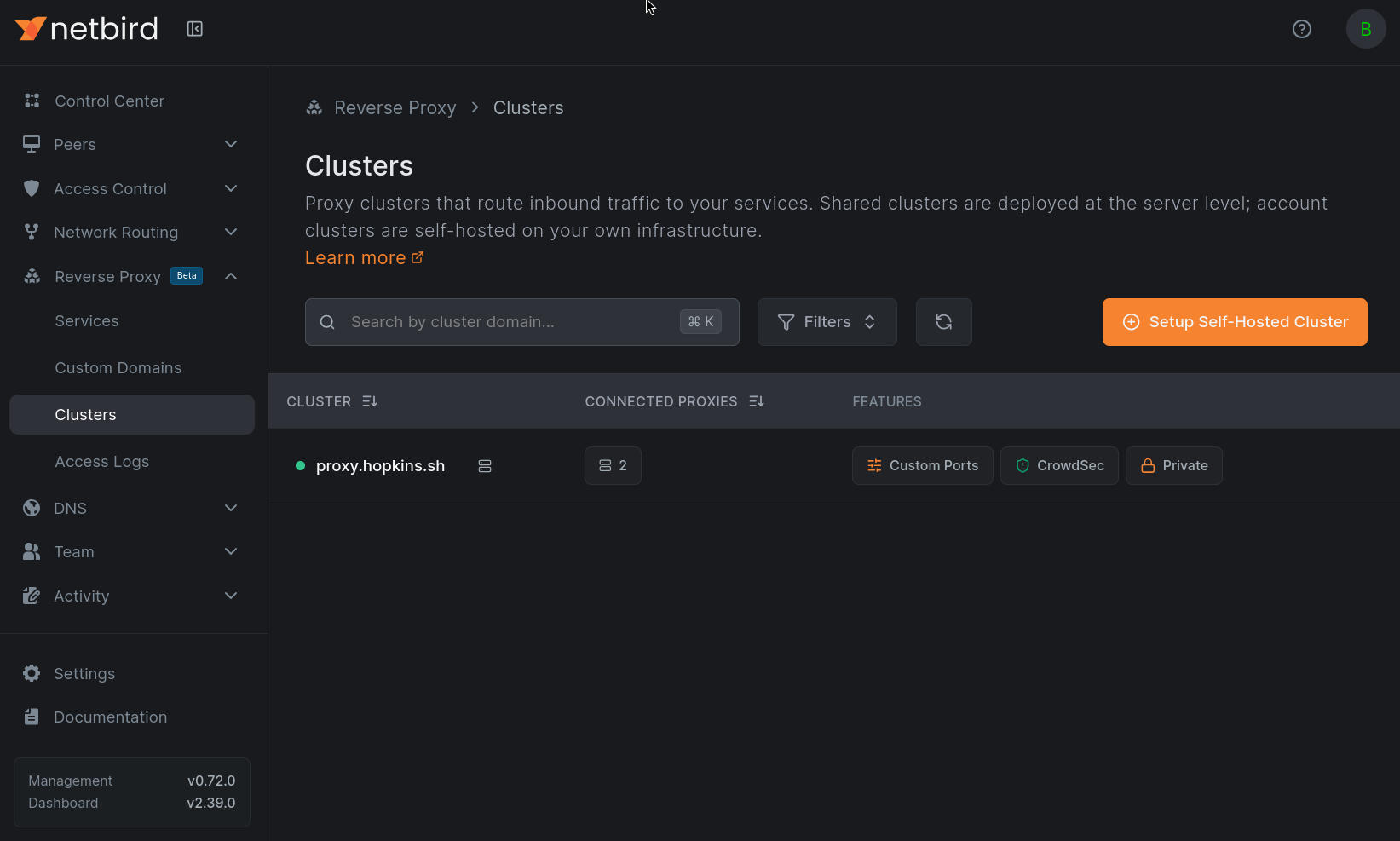 Clusters page showing the Private feature badge