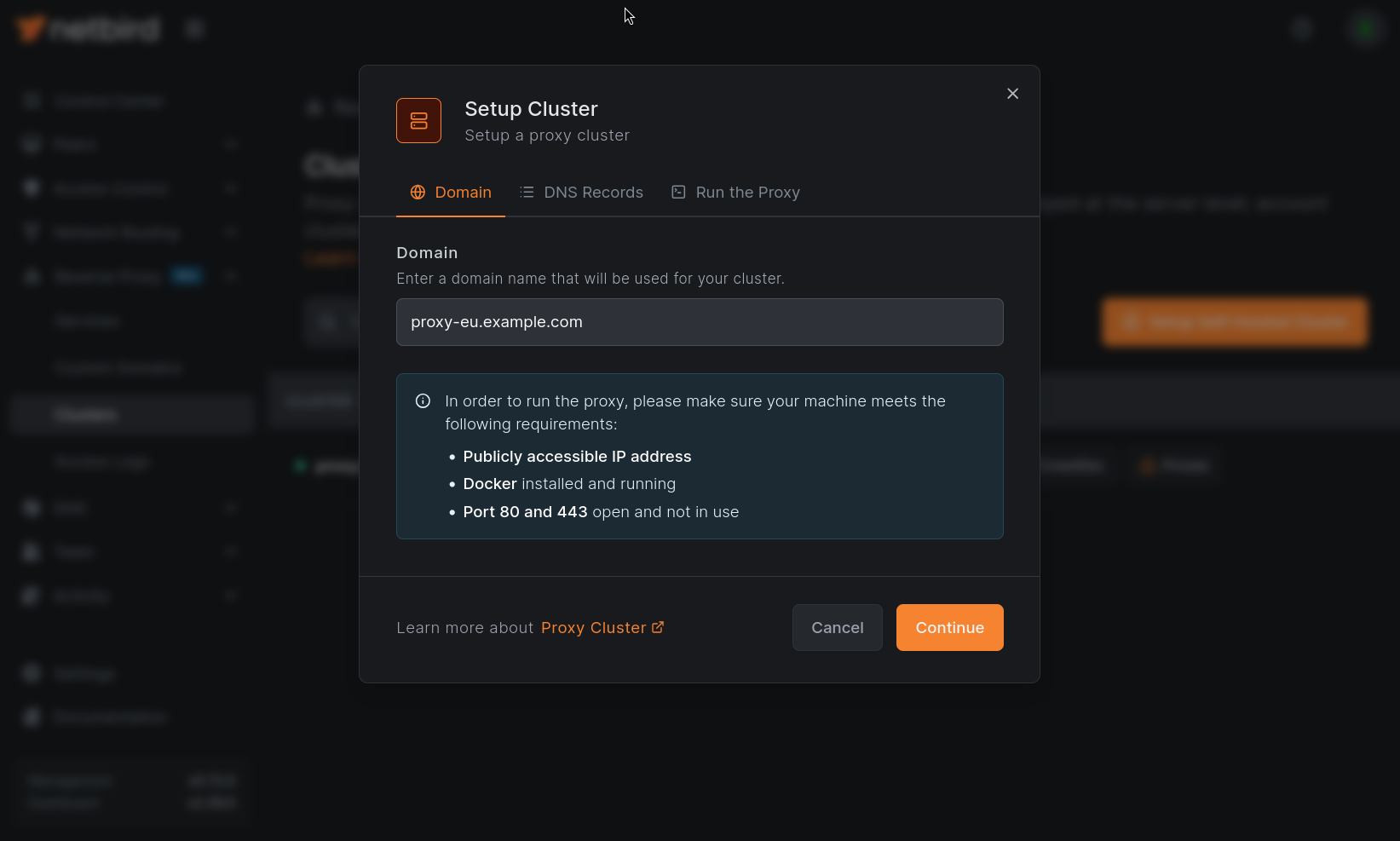 Setup Cluster modal, Domain step, with the cluster domain input and machine requirements