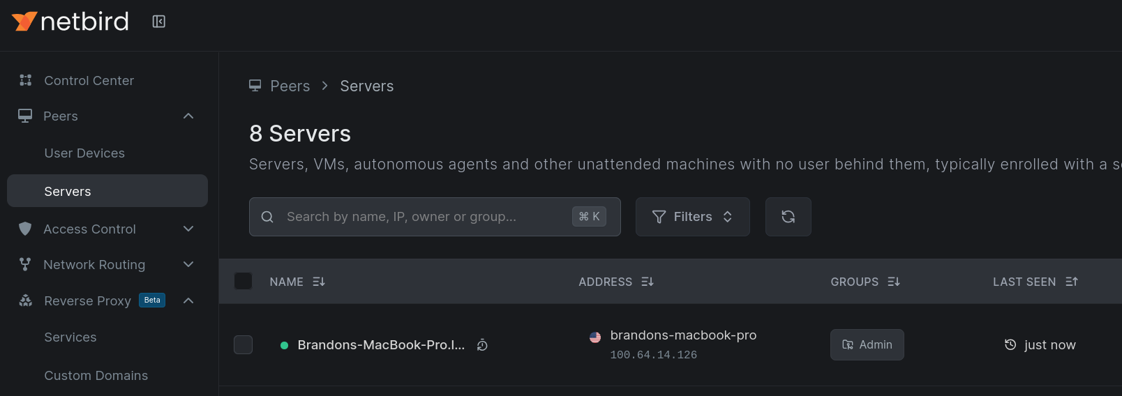 The new Servers view, with peers split into User Devices and Servers