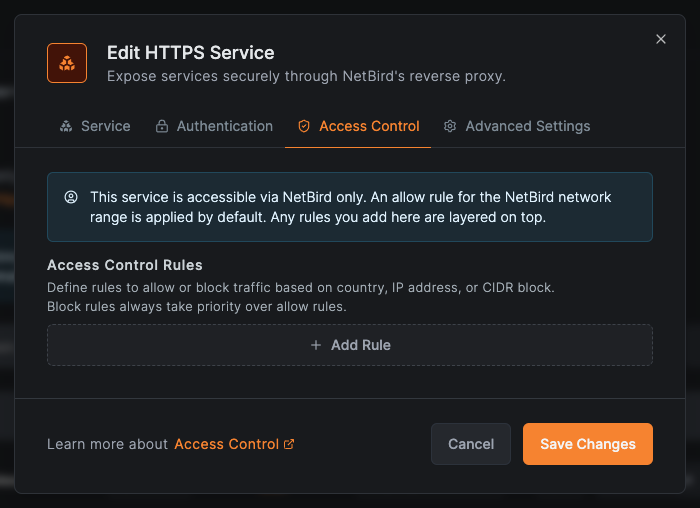 Access Control tab on a NetBird-only service showing the default-allow callout
