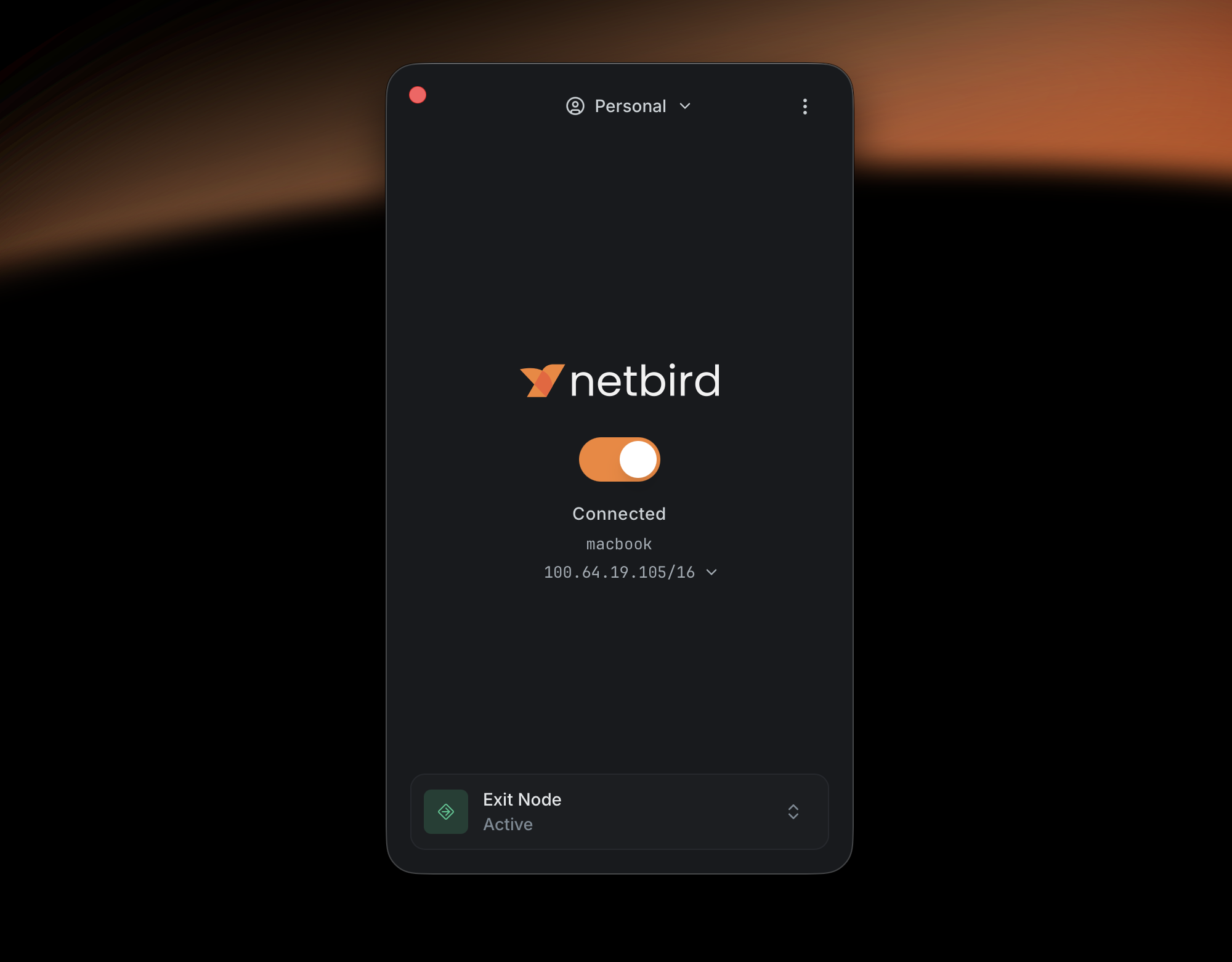 The compact Default view of the NetBird desktop app