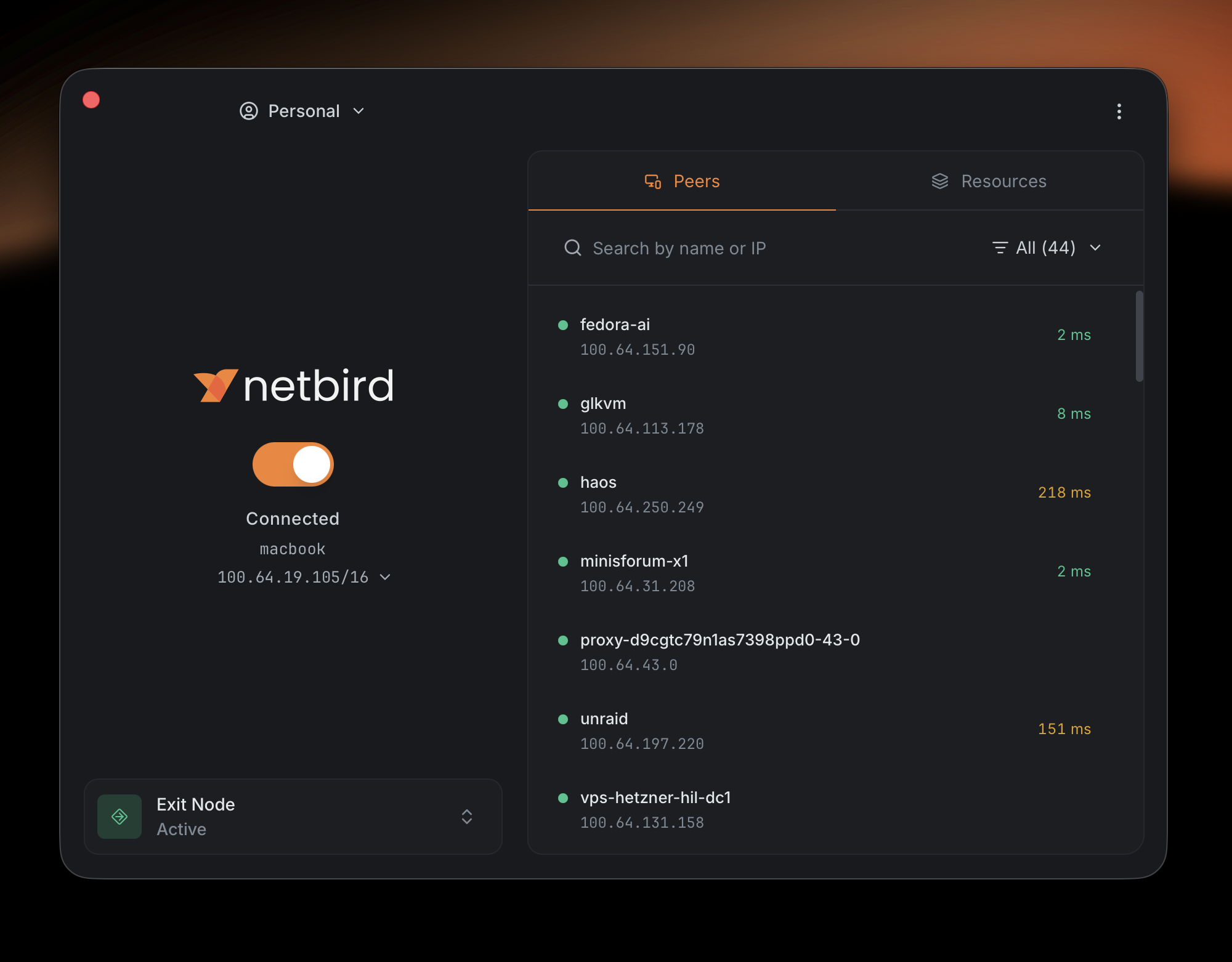 Advanced view showing the Peers tab