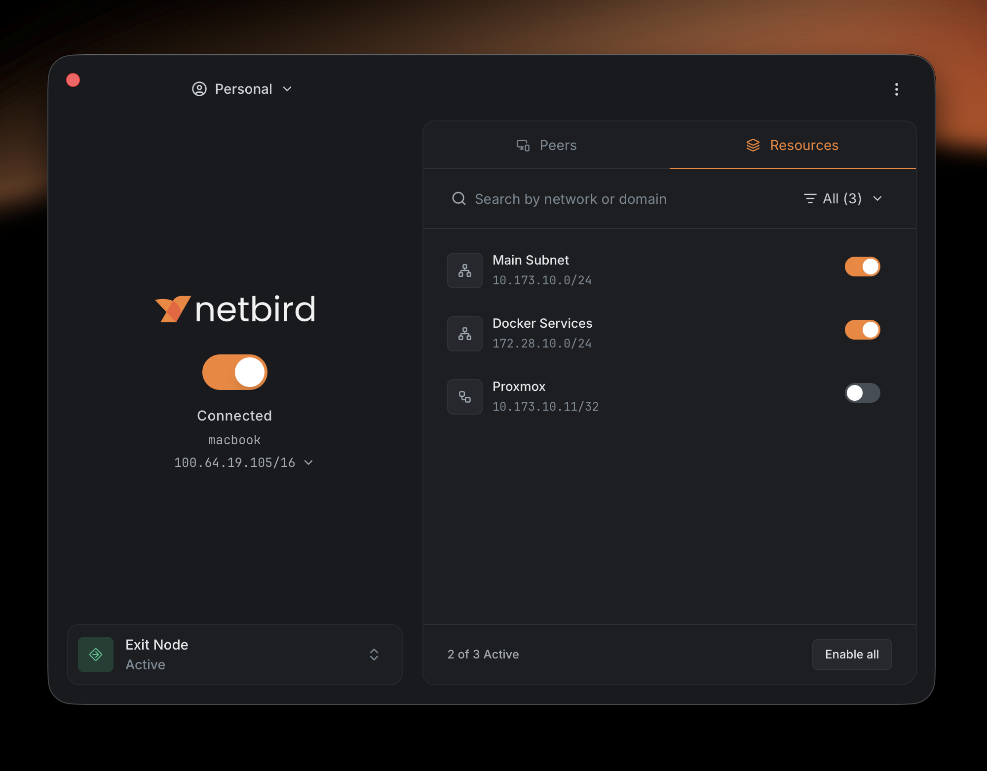 Advanced view showing the Resources tab