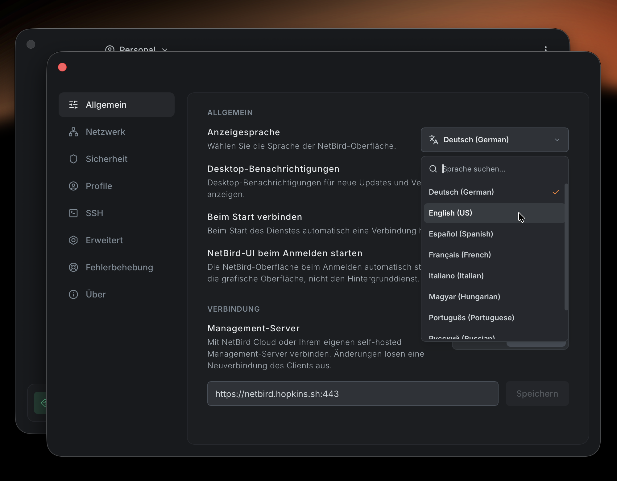 Settings page with the General tab open and the Display Language picker visible