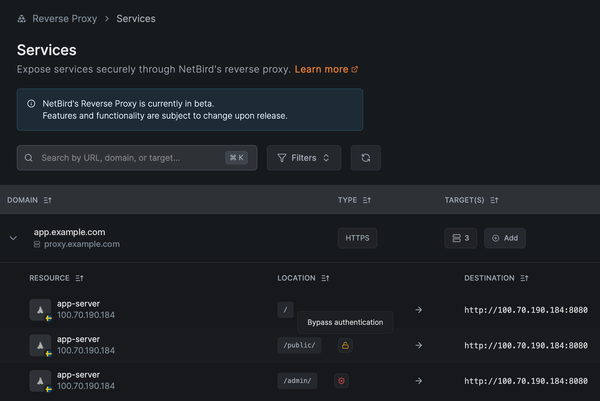 Reverse Proxy services list with a bypass badge on /public/ and a block badge on /admin/