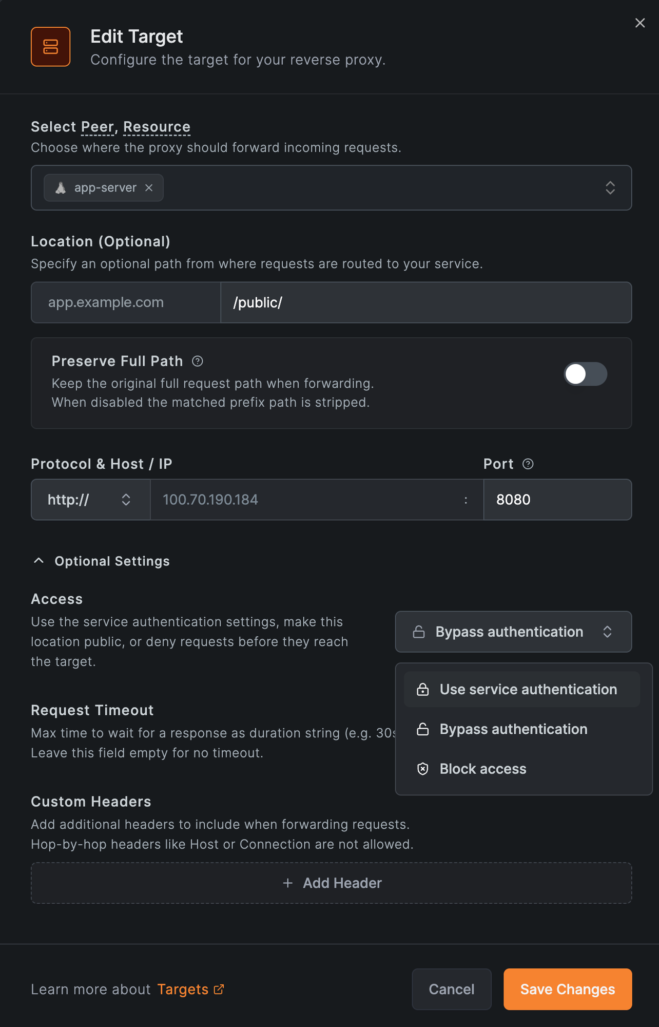 Edit Target dialog with the Access menu open on Bypass authentication for the /public/ path