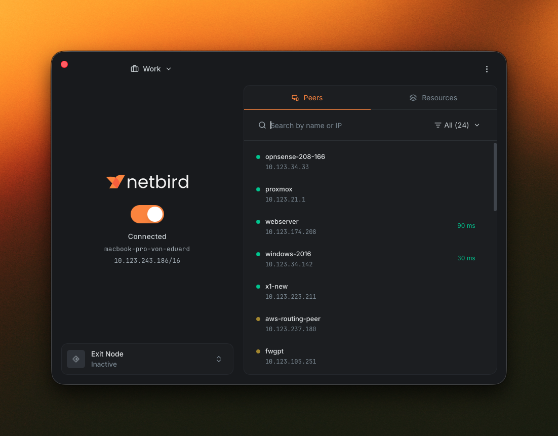 The new NetBird desktop app in Advanced mode, showing the Peers tab