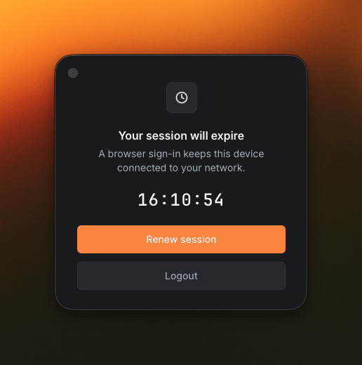 Session expiry dialog with a 16-hour countdown and Renew session / Logout actions