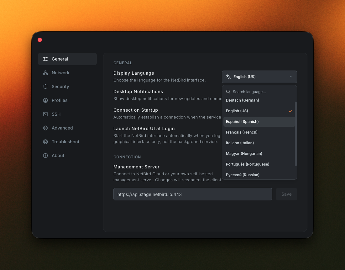Settings page with the General tab open and the Display Language picker visible