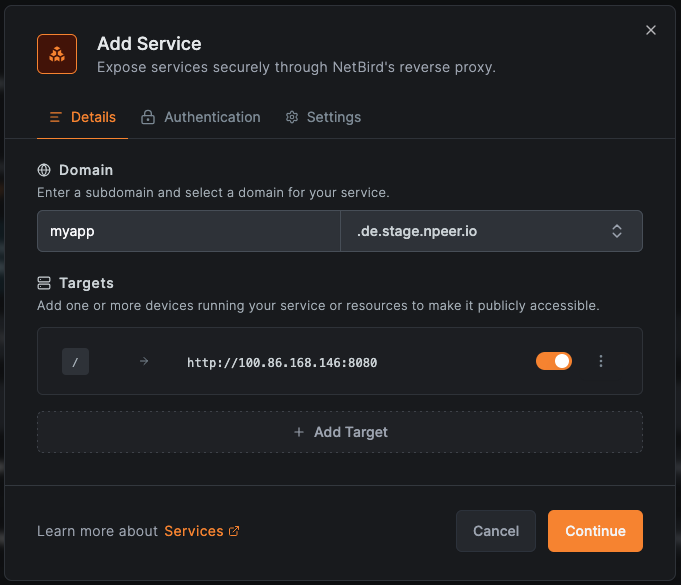 NetBird Add Service details showing domain and target configuration