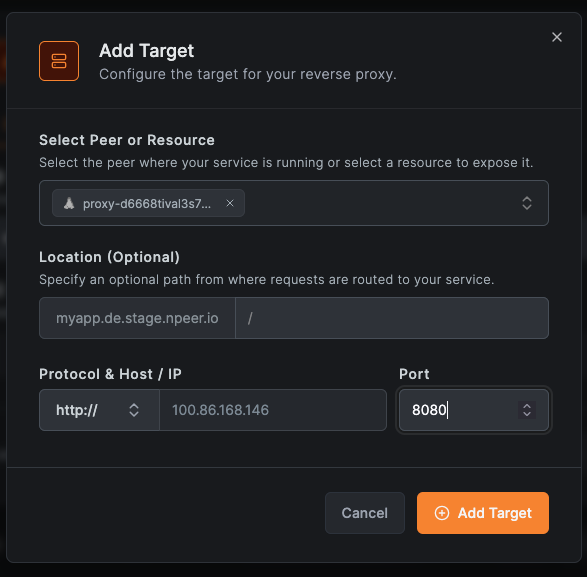 Adding a target peer or resource to a reverse proxy service