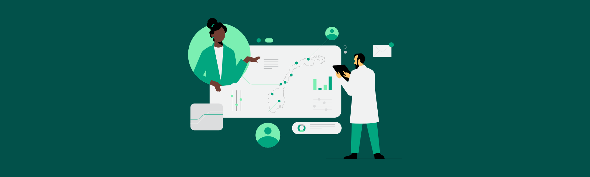 Norsk Helsenett illustration of healthcare workers connected across a map of Norway