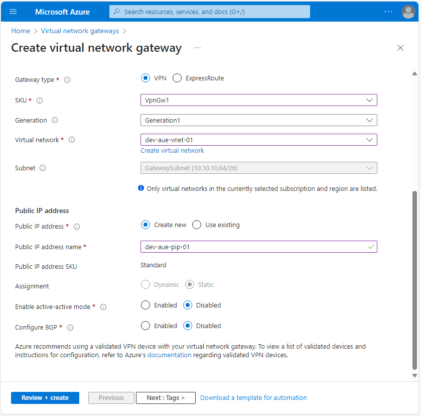 Virtual network gateway public IP address details