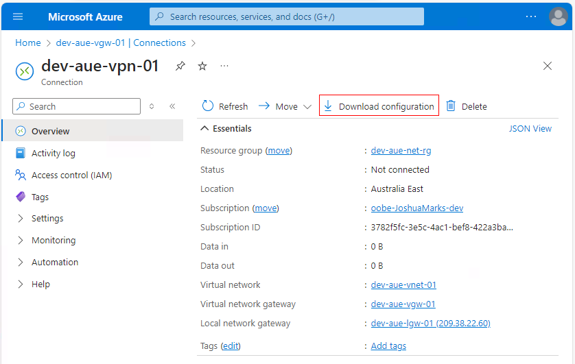 Download configuration button