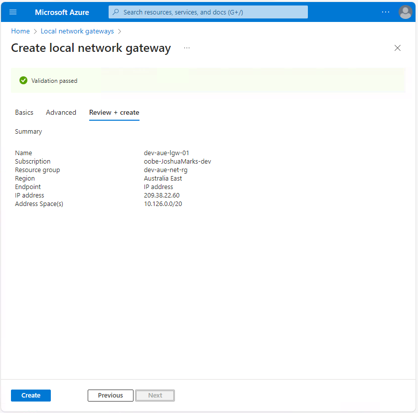 Local network gateway creation summary