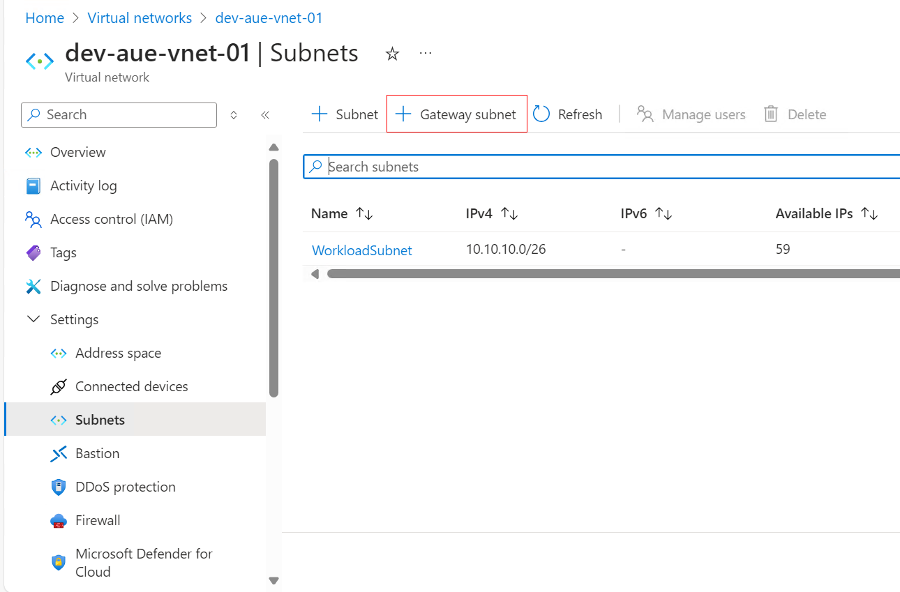 + Gateway subnet button