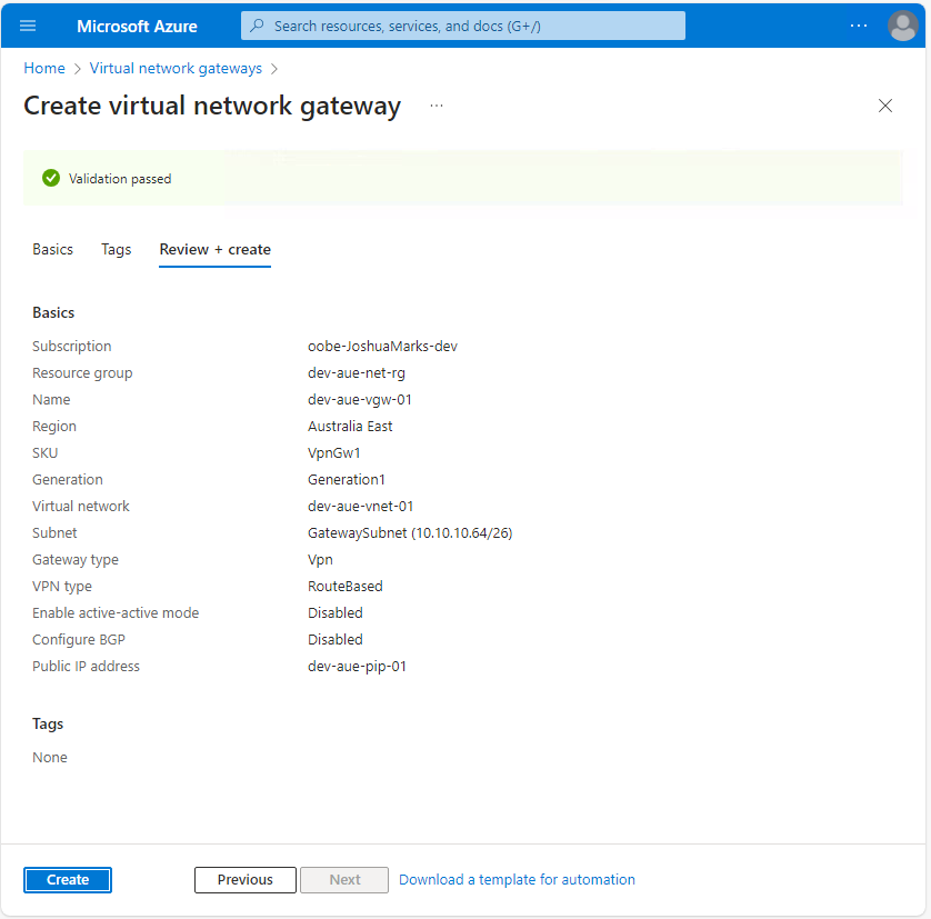 Virtual network gateway creation summary