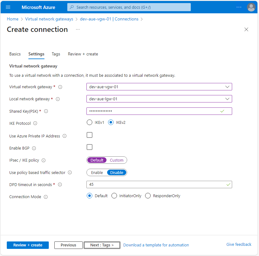 VPN connection settings