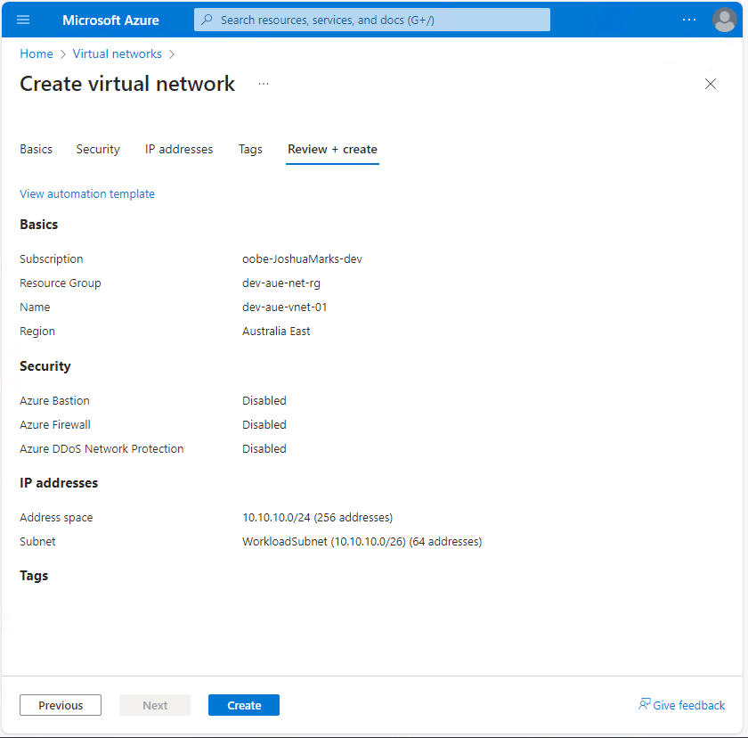Virtual network creation summary