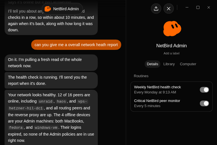 NetBird Admin reports 12 of 16 peers online and expired logins on four admin devices, with the scheduled routines visible beside the conversation.